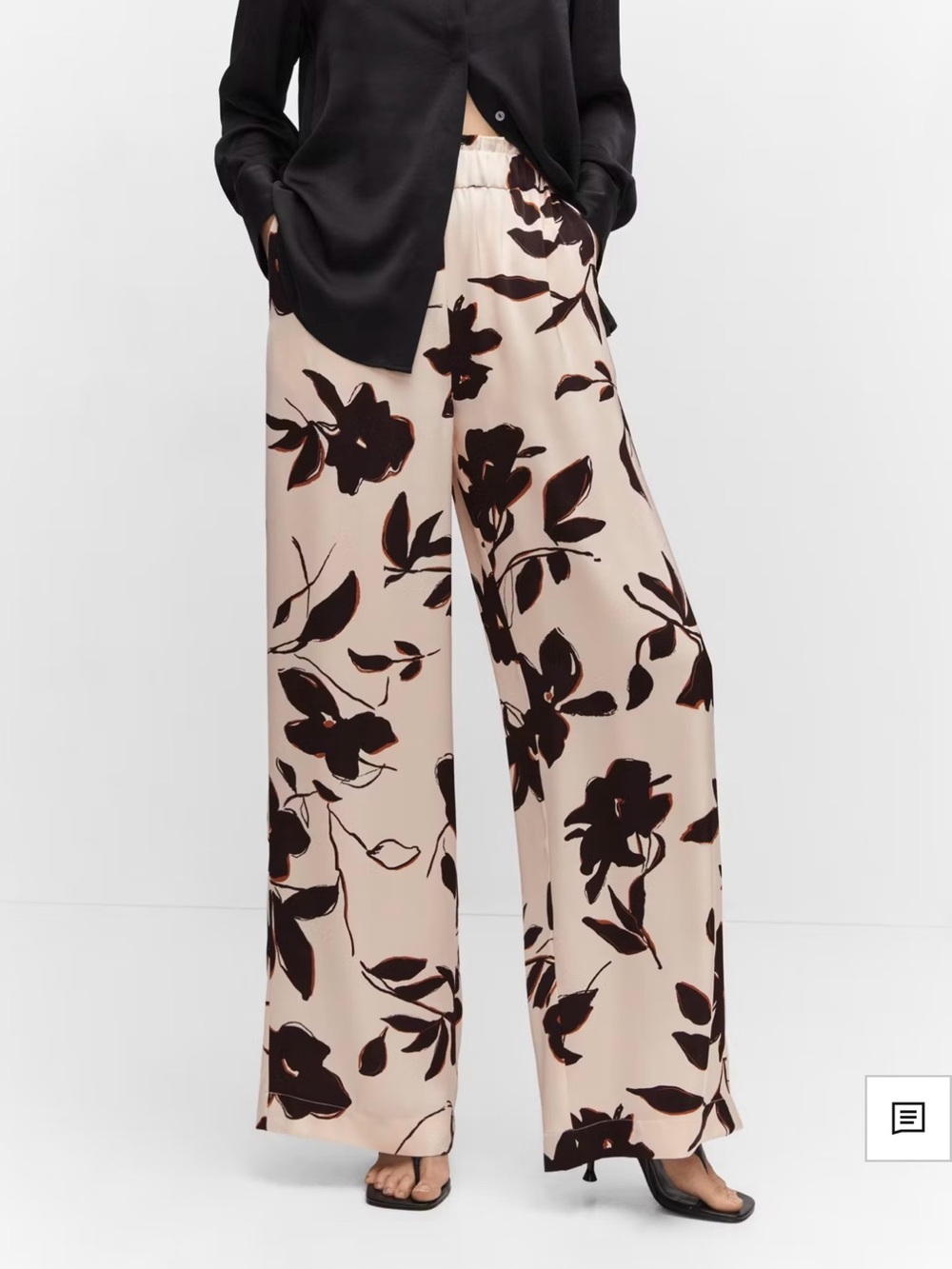 Mango Blush Wide-Leg Floral Palazzo Pants with Black Print